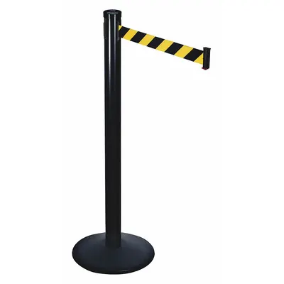 RETRACTA-BELT Barrier Post with Belt: Black/Yellow, Diagonal Stripe, No Legend, 10 ft Belt Lg - Pattern Retractable Belt Post Barriers