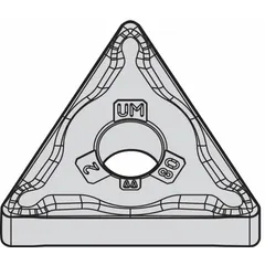 Triangle (T) indexable turning insert with negative rake geometry, available in designations TNMG431UM and TNMG220404UM. Suitable for general turning, facing, and profiling operations on steel, stainless steel, and cast iron. Used in medium to heavy cutting conditions.