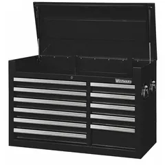 This WESTWARD top chest provides organized storage for tools and small parts in workshops, garages, or maintenance areas. It features 11 drawers with included liners to protect surfaces, a keyed locking mechanism for security, and a light-duty design. Overall dimensions: 41 1/2 in wide by 18 5/8 in deep.
