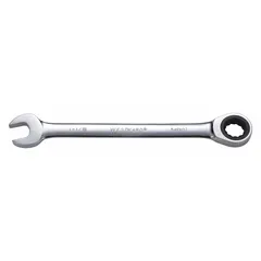 This SAE 12-point ratcheting combination wrench is made of alloy steel with a chrome finish. It has a 1-1/8 in head size and a 15-3/4 in overall length. Suitable for tightening or loosening fasteners in industrial maintenance, machining, and assembly applications.