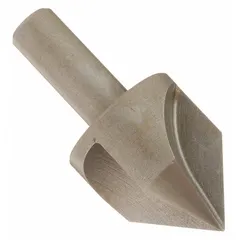 This KEO countersink features a 90° included angle and four flutes for efficient chip evacuation. It is made of high-speed steel (HSS) with a 2-inch body diameter and a 3/4-inch shank. Designed for machine use, it creates chamfers and countersinks in metal, plastic, or wood, and deburrs drilled holes to prepare them for flat-head screws.