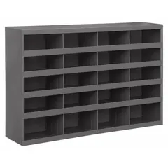 Steel lipped fixed-size compartmented shelving unit with 20 compartments. Gray finish. Measures 34 in x 8 1/2 in x 24 in. Used for organizing small parts, tools, or documents in industrial settings.