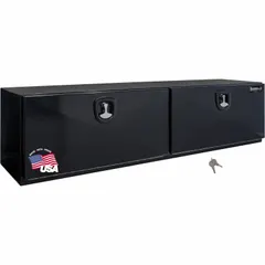 This double drop-down door box from BUYERS PRODUCTS is designed for underbody mounting on trucks, providing secure storage for tools and equipment. It features a black finish, an 18-inch overall depth, and a keyed lock for security. Suitable for service trucks and fleet maintenance applications.