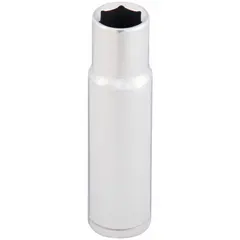 This 1/2" drive hand socket features a 19 mm, 6-point deep design for accessing recessed fasteners. The chrome finish provides corrosion resistance. Commonly used for tightening or loosening metric fasteners in automotive, machinery, and industrial applications.