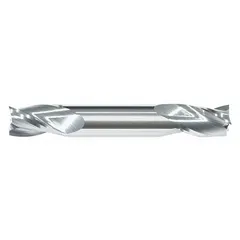 Double-end carbide square end mill with a 3/8" mill diameter, 9/16" length of cut, and 2-1/2" overall length. Features 3 flutes for efficient chip evacuation and smooth finish. Suitable for general-purpose milling of slots, shoulders, and contours in metalworking applications.