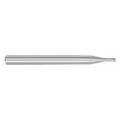 This 4-flute carbide corner-chamfer end mill features a reduced neck for fast cutting. With a 1/16" mill diameter, 3/32" length of cut, and 0.003" chamfer, it is used in CNC milling for deburring, beveling, and preparing edges for welding or assembly.