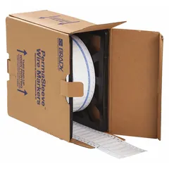 Precut sleeve label roll made of white matte polyolefin, measuring 1/4 in x 2 in. Designed for wire gauges from 8 AWG to 16 AWG. Compatible with the BBP72 printer series. Used for wire and cable identification in industrial panel building, electrical maintenance, and asset tagging.