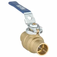This 3/4 in brass ball valve features a straight, two-piece body with sweat x sweat connections for copper tubing. The locking lever handle provides secure shut-off and tamper resistance. Suitable for manual on/off service in plumbing and piping systems.