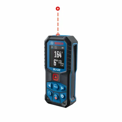 BOSCH Laser Distance Meter: Inch, 6 in – 165 ft, ± 0.0625 in, AA, Rubber, Digital - Indoor-Outdoor Laser Distance Meters