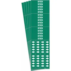 Green adhesive pipe markers with white 'Oxygen' legend and directional arrows. Each pack contains 3 markers for pipes with outside diameter of 3/4 inch and smaller. Used to identify oxygen lines in piping systems.
