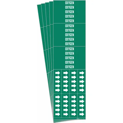 BRADY Pipe Marker: Oxygen, Green, White, Fits 3/4 in and Smaller Pipe O.D., 3 Pipe Markers - Oxygen Adhesive Pipe Markers