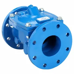This 8-inch ductile iron inline swing check valve features a flange x flange connection and standard trim. It is designed for inline installation in piping systems to prevent backflow, suitable for horizontal or vertical mounting in water, wastewater, and industrial applications.