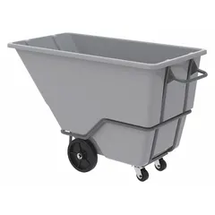 This tilt truck has a steel-reinforced plastic body with a 2000 lb capacity and 27 cu ft volume. It measures 68 in L x 33 in W x 42 in H and includes (1) swivel caster and (2) axle-mounted casters. Designed for moving bulk materials, scrap, or refuse in industrial settings, the forkliftable base allows easy transport and dumping.