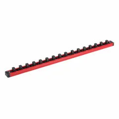 This WESTWARD socket rail is constructed from aluminum and measures 22 3/4 inches in overall width. It features 16 posts/slots and a magnetic back for secure attachment to metal surfaces. Commonly used in industrial settings for organizing and storing sockets, it helps reduce downtime in machining, maintenance, and assembly operations.