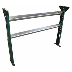 This permanent mount H-style conveyor support stand is constructed of steel with a green finish. It accommodates a 22 in between frame width and adjusts from a minimum height of 43 in to a maximum height of 55 in. Used to elevate and stabilize conveyor systems in industrial material handling applications.