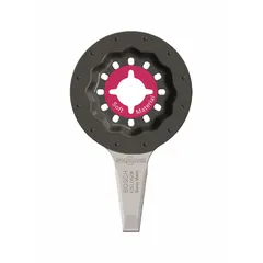 Hooked, bi-metal scraper blade for Starlock oscillating tools. Single blade with 2 15/16 in length. Used for scraping flooring, adhesive, paint, and caulk in construction and renovation.
