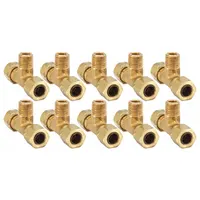 Brass compression tee fitting with three ports: two for 3/8 in OD tubing and one 1/4 in pipe thread. Self-aligning design for reliable sealing in fluid systems. Suitable for branching or distributing lines in pneumatic, hydraulic, instrumentation, and lubrication circuits. Sold in a pack of 10