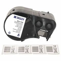 Thermal transfer precut label roll cartridge producing rectangle labels, 1 in x 1 1/2 in, black on white. Rated for -112°F to 158°F. Designed for 15.0 mL vials or tubes. Compatible with BMP53 printer series. Integrates label and ribbon in one cartridge for identification of laboratory and industrial samples.