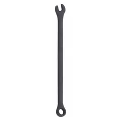 Alloy steel wrench with black oxide finish and offset design. 6 mm 12-point head, 4 7/8 in overall length. Used for tightening or loosening fasteners in industrial maintenance, assembly, and repair applications, providing access to recessed bolts.
