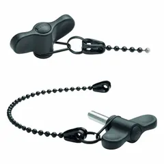 This tethered wing knob features a threaded stud with M10 thread and 20 mm thread length. The knob is made of plastic for corrosion resistance, and includes a 200 mm nominal tether in black POM-based technopolymer. It is used for manual fastening in applications where a captive fastener prevents loss during maintenance or assembly.