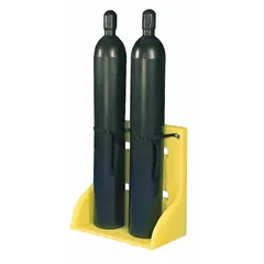 Floor-mounted stand for securing two compressed gas cylinders with diameters from 3 in to 12 3/8 in. Features a strap with cinch buckle for retention. Suitable for use in industrial facilities, laboratories, and maintenance shops to prevent cylinder tipping.