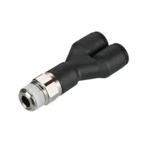 Polymer push-fit wye fitting with nickel-plated brass construction. Splits one line into two branches in a Y configuration. Thread size A is 5/16". Overall length 28 in. Used in pneumatic and fluid systems for branching connections