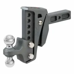 This adjustable hitch from CURT is constructed of cast steel with a dark gray Teridium finish. It features a 2 in compatible ball shank diameter and accepts 2 in or 2 5/16 in hitch balls. The design includes a receiver tube opening and provides vibration resistance for improved trailer control during sudden braking events. Suitable for towing applications requiring an adjustable ball mount.