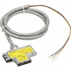 Switching tee accessory for lighting fixtures, measuring 9 ft in length, 5/8 in width, and 4 9/16 in height. Includes connecting caps. Used to add switching functionality in industrial or commercial high-bay lighting setups.