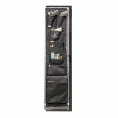 Door panel organizer designed for mounting inside gun safes. Provides storage for handguns, magazines, or small valuables, maximizing interior space. Compatible with gun safe doors.