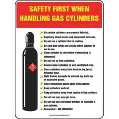 This 22 in x 17 in safety poster is printed in English on white plastic with a clear film laminate protective coating. It is designed to reinforce proper handling procedures for gas cylinders in industrial settings such as manufacturing plants, laboratories, and warehouses. The poster does not include a frame and has no write-on surface.