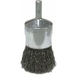 This WEILER brush is designed for light cleaning, deburring, and surface finishing on carbon steel. It features a 1 in diameter with 0.014 in crimped steel fill and a 1/4 in shank, suitable for detail work in metal fabrication and maintenance.