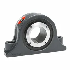 This expansion pillow block spherical roller bearing has a 2 1/2 in bore and a cast iron housing with two mounting holes for 5/8 in bolts. It supports rotating shafts in applications such as conveyors, fans, and pumps, accommodating radial and axial loads and thermal shaft growth. Maximum speed is 1,800 RPM.