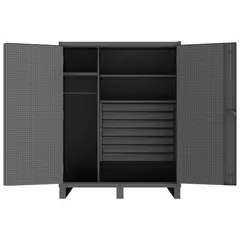 DURHAM MFG Storage Cabinet: 60 in x 24 in x 78 in, 3 Shelves, 7 Drawers, Swing Handle & Padlock Hasp (MPN HDWCP246078-7M95). Key specifications — attr113683: (1) 18 in x 19-5/16 in; (2) 39-15/16 in x 20-7/8 in; attr113700: (2) Adjustable; (1) Fixed; attr113673: Legs; attr113674: Gray; attr113688: (7) 3-3/8 in x 35-1/4 in x 14 in; attr113685: Assembled.