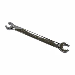 Alloy steel flare nut wrench with polished finish. Double-end design with 6-point openings for 10 mm and 12 mm flare nuts. Overall length of 6 1/2 inches. Used for tightening or loosening flare nuts on brake lines, fuel lines, and hydraulic fittings.