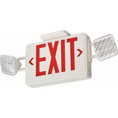 Plastic exit sign with square side-mount LED light heads, white housing, green or red text, and universal field-selectable chevrons. Operates on 120/277V AC, remote capable, for ceiling or wall mounting. Provides illumination and directional guidance during power outages in commercial and industrial settings.
