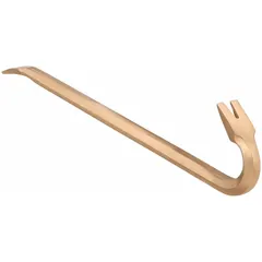 This 24-inch wrecking bar features a chisel/claw end and one nail slot. It is constructed from nonsparking, nonmagnetic material, making it suitable for use in environments where sparks could ignite flammable gases or dust. The bar includes depth grooves for door jam penetration and flats on the back of the low-profile forks for hammering contact.