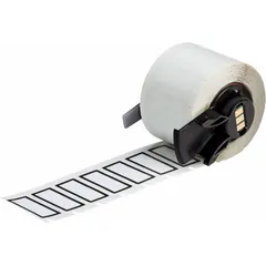 White polyester precut label rolls with black border, available in two sizes: 1/2 in x 1 1/8 in and 1 1/8 in x 1/2 in. Features rubber adhesive and halogen-free material. Compatible with BMP61 printer series for on-demand custom labeling in industrial environments such as cable marking, component identification, and safety signage.