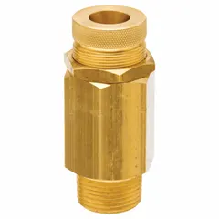 Brass body vacuum and pressure relief valve with 1/4 in MNPT connection. Provides vacuum relief from 0 in Hg to 27 in Hg and pressure relief from 0 in Hg to 14.7 psi. Used to protect pneumatic or low-pressure systems from overpressure or vacuum collapse in industrial instrumentation and fluid-handling circuits.