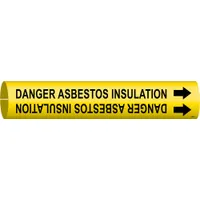 Yellow snap-on pipe marker with black legend reading 'Danger Asbestos Insulation'. Fits pipe outer diameters from 2-1/2 to 3-7/8 inches. Includes directional arrows for flow orientation. Used to identify asbestos insulation hazards on industrial piping systems