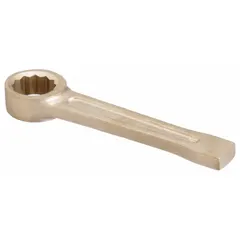 This nonsparking striking box end wrench is made of aluminum-bronze alloy for use in hazardous environments where spark prevention is critical. It features a straight handle, 12-point design, and a 1-1/8 in head size with 7 in overall length. The natural finish provides corrosion resistance. Suitable for maintenance and assembly tasks in areas with flammable gases or vapors.