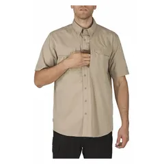 Men's tactical collared work shirt in Khaki, size XL. Made of polyester with a button front and short sleeves. Suitable for security, law enforcement, and industrial work environments.