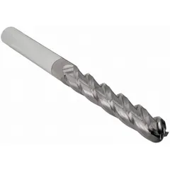 Solid carbide ball end mill with TiCN coating for increased hardness and wear resistance. Features 4 flutes, 1" mill diameter, 1-1/2" length of cut, and 6" overall length. Suitable for creating contoured surfaces, slots, and 3D profiles in ferrous and non-ferrous materials.