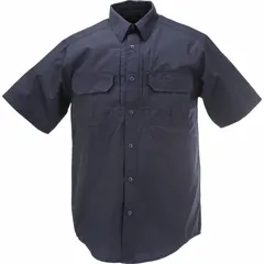 Men's collared work shirt in Dark Navy, made from polyester with a button front and short sleeves. Tall-size cut for professional and tactical work environments.