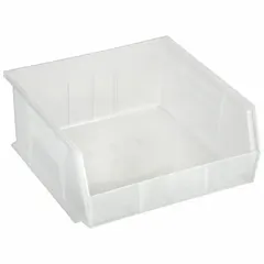 This clear plastic bin measures 11 inches by 10 7/8 inches by 5 inches and includes an integrated label holder. It is not electrostatic discharge conductive and contains 0% recycled content. Suitable for organizing small parts, components, and hardware in industrial workstations, assembly lines, and storage racks.