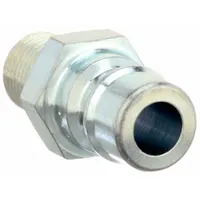Steel-bodied hydraulic quick-connect coupling plug with 1/8"-27 male NPT threads and a Buna seal. Rated for a maximum flow rate of 14.38 lpm. Used in hydraulic systems for rapid connection and disconnection of hose lines under pressure in industrial machinery and mobile equipment