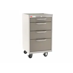 This compact medical supply cart from METRO features a steel body with a Taupe cabinet and four Dark Tan drawers. It is equipped with two swivel casters with brakes for mobility and stability. Suitable for organizing and transporting medical supplies in healthcare settings.