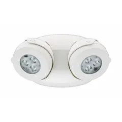 Thermoplastic remote light head for emergency exit lighting. White housing, ceiling mount, adjustable. Operates on 7 to 30 V with two 5 W lamps. Compatible with ELM4L LTP EHO model.