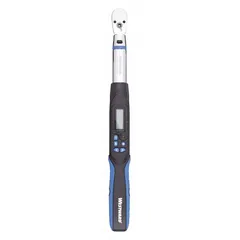 Electronic torque and angle wrench with flex-head and ratcheting mechanism. Measures torque from 5 ft-lb to 99.5 ft-lb (6.8 N-m to 135 N-m) and angle. Features audible and visual indicators. Supports multiple units: Centimeter-Kilogram, Foot-Pound, Inch-Pound, Newton-Meter. Used for precision fastening in assembly and maintenance tasks.
