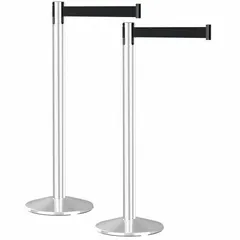 Two-post retractable belt barrier system with 10 ft belt length, black posts and belt, no pattern or message. Posts are 40 in height with a round sloped base. Used for crowd control, queue management, and safety delineation in industrial and public areas.