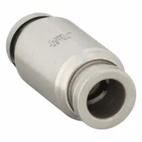 Stainless steel push-to-connect union fitting for connecting two 6 mm OD tubes. Features a push-to-connect x push-to-connect design in silver finish. Used in pneumatic systems for quick assembly and disassembly of tubing